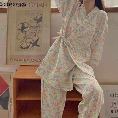 Summer Pajama Sets Women Long Sleeve Fashion Lace Up Japanese Style Female Sleep Wear Printed Sweet V-neck Cozy Two Pieces Set