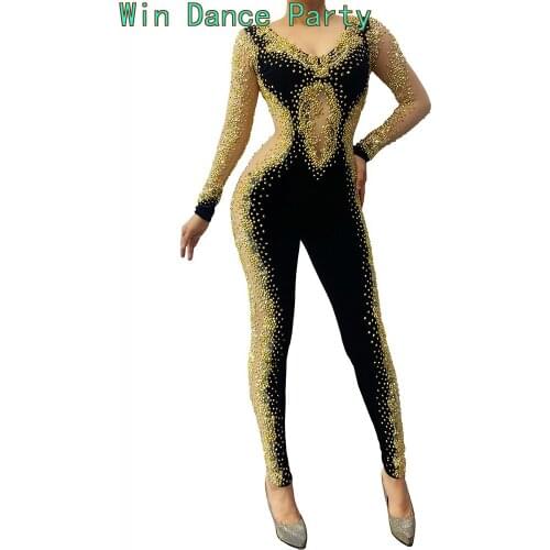 Sexy Rhinestones Jumpsuit Stage Outfit Female Singer Golden Rhinestone Leggings Nightclub Crystals Costume Dance Bodysuit