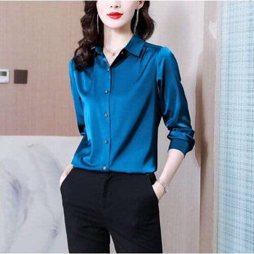 Silk Womens Shirts Blouses 2021 Fall Fashion Metal Button Commuter Shirt Women Solid Satin Polo-Neck Blouse Elegant Ladies Tops