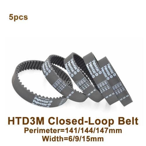 POWGE 5pcs 141 144 147 3M Timing Belt W=6/9/15mm Teeth=47/48/49 HTD 3M Rubber Closed-Loop Belt 141-3M 144-3M 147-3M