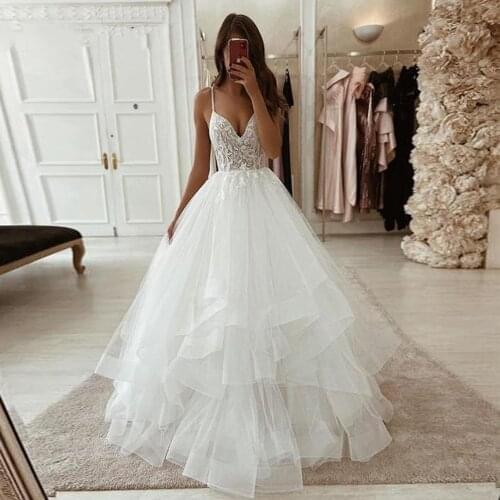 On zhu Sleeveless A-line Wedding Dress V Neck Sexy Backless Bridal Gown Vestido De Novia Ruffle Skirt Wedding Dresses 2022