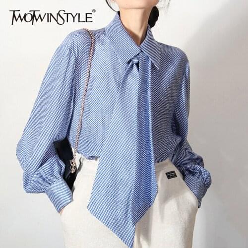 TWOTWINSTYLE Temperament Blue Womens Shirt Lapel Lantern Long Sleeve Straight Loose Blouses For Women 2021 Autumn Fashion New