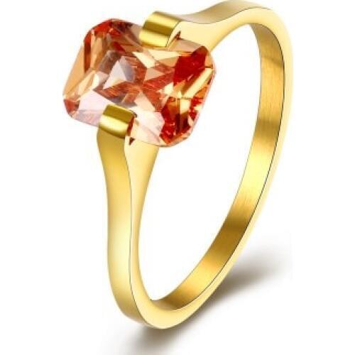 UFOORO Hot Fashion gold color engagement ring for women orange zircon 4mm stainless steel band anniversary gift dropshipping