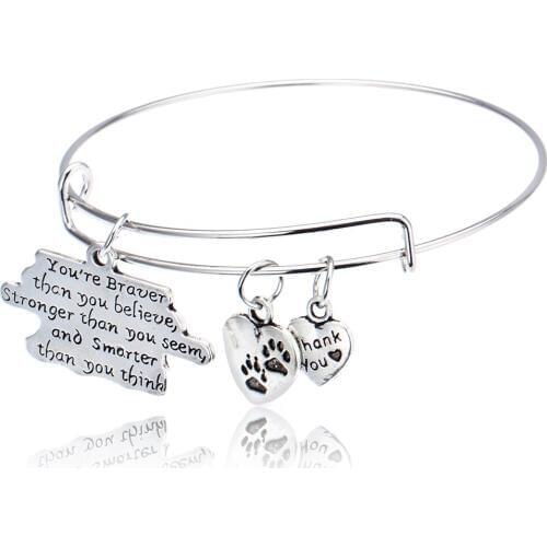 You Are Smarter Braver Stronger Than Youself Dog Paw Prints Thank You Heart Charms Bangle Bracelet Bangle Wedding Party Jewelry