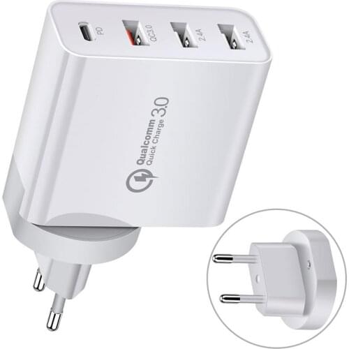 48W Phone Charger USB Type-c PD 4-port Fast Charging Adapter Travel Portable Charger, White/Black, EU/AU/UKUS/ Plug