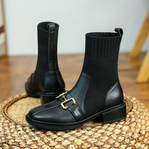 2021 Winter Women Shoes Genuine Leather Round Toe Women Ankle Boots Stretch Leather Boots Women Flat Shoes BOOTS