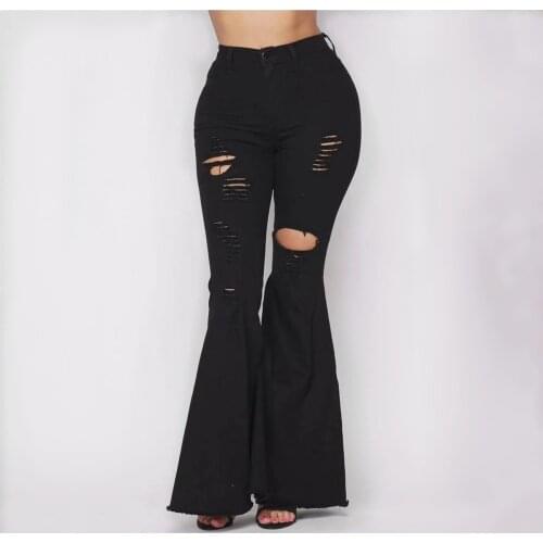 FNOCE 2020 new womens ripped jeans pants fashion trends sexy elegant solid high waist hole slim denim full Flare Pants