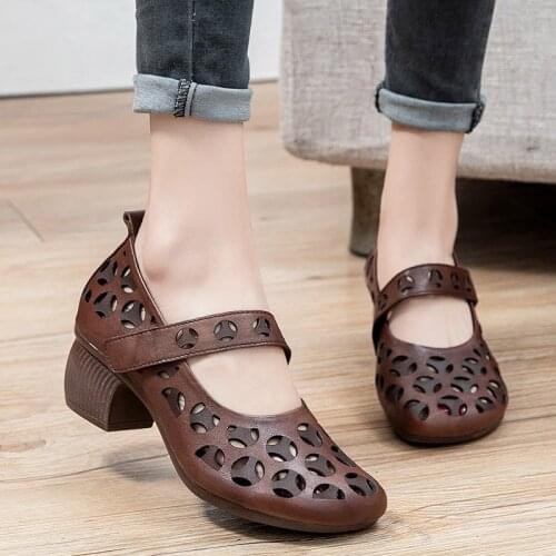 Womens Sandals 2021 Spring Summer Genuine Leather Retro Women Sandals Thick Heel Casual Shoes Handmade Roman Gladiator Sandals