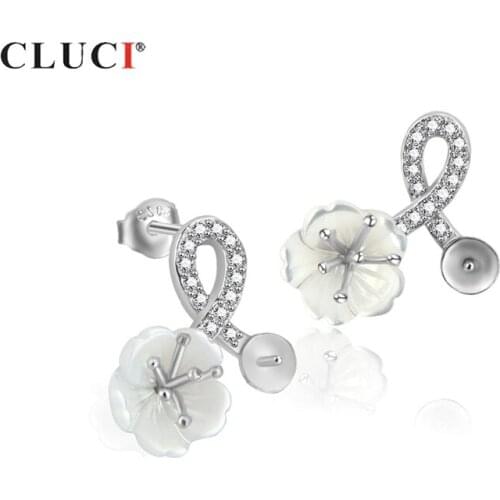 CLUCI 925 Sterling Silver Flower Earrings for Women Silver 925 Pearl Earrings Mounting Zircon Stud Flower Earrings SE062SB