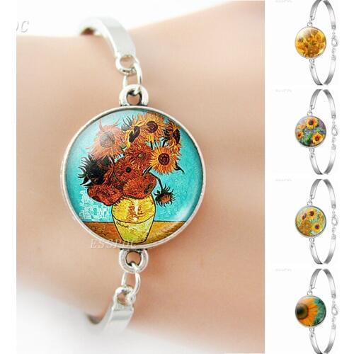 Van Gogh Sunflower Floral Vintage Art Bracelet Glass Cabochon Jewelry Fashion Accessories Women Bangle Gifts