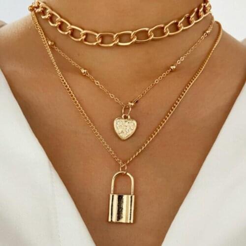 Women Hip Hop Punk Multi Layer Thick Chain Charm Gold Lock Geometric Heart Pendant Necklaces Bohemian Neck Jewelry Collier