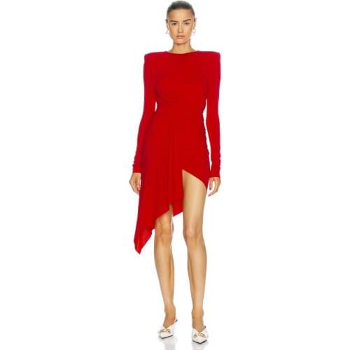 Spring Red Sexy Long Sleeve O-Neck Pleat Draped New Celebrity Women Dress Night Club Party Dress Vestido