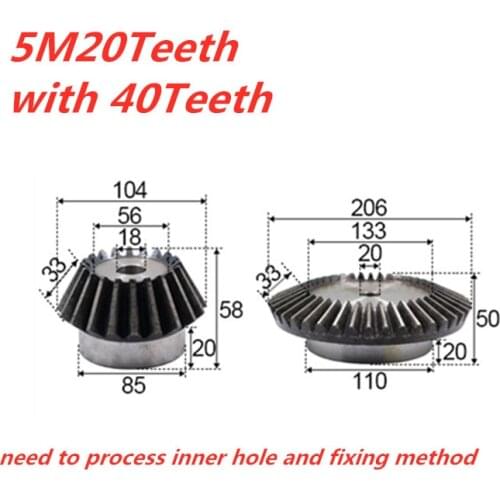 1: 2 bevel gear 5 modulus 20 teeth, with 40 teeth inner hole 18mm 90 degree drive reverse steel gear steel gear