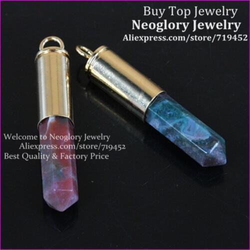 10pcs Nature India Stone Gems Pendant Point Bullet Pendant Hexagon Quartz Druzy Pendant metal Plated Casing Pendant