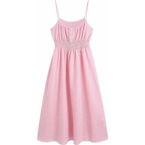 2021 Summer women Plaid Off Shoulder Middle length Dresses Elastic Waist sexy Sling Vestidos holiday sleeveless Midi Strap Dress