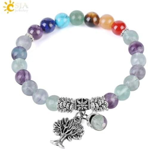CSJA 8mm Fluorite Natural Stone Beaded Bracelets for Women Yoga 7 Chakra Meditation Strand Bracelet Charms Hand Jewellery F344