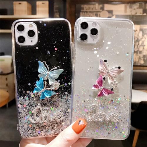 Shining Sequin Butterfly Love Phone Case for IPhone 12 11 Pro XS Max Mini XR X 7 8 6 Plus SE 2020 Glitter Star Cover Funda Coque