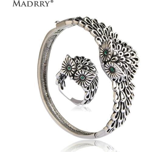 Madrry Gothic Owl Hollow Jewelry Sets Bangle&Rings For Women Man Antique Silver Color Animal Wrist Accessories Wide Aros Joyas