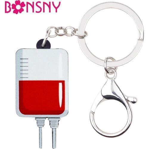 Bonsny Acrylic Halloween Trendy Blood Plasma Bag Key Chains Keychains Rings Decoration Jewelry For Women Girls Car Party Charms