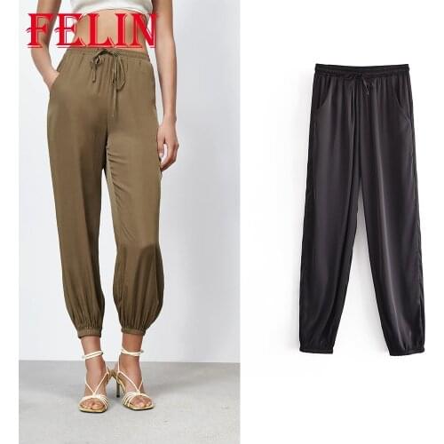 Za Womens Pants Jogging Sports Style Silk Summer Elastic High Waist Pants Mujer Joggers Casual Trousers Female Chic