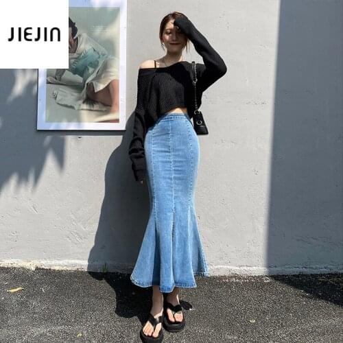 Black Denim Fishtail Skirt High Waist Slim One-Step Pencil Skirt Mid-length Package Hip and Ruffled Fishtail Skirt Long Skirts