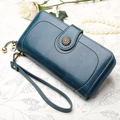 Retro Long Zipper Wallet in Oil Wax Leather Multifunctional Purse with 12 Slots PU Handbag for Cell Phone Banknote Coin