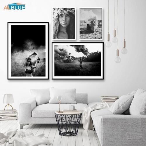 Smoke Canvas Prints Black And White Landscape Girl Fashion Nordic Poster Wall Art Canvas Painting Wall Pictures For Bedroom Room