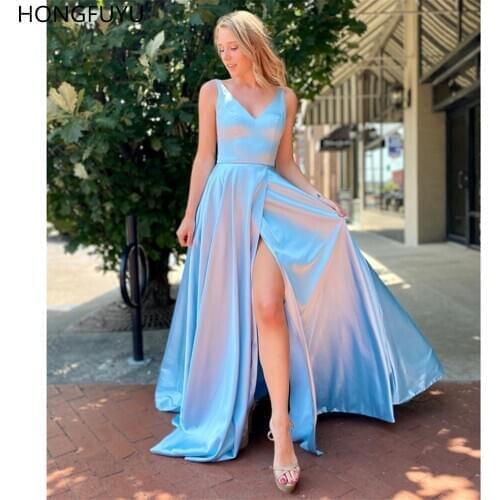HONGFUYU Satin Sleeveless Prom Dresses A-line robe de soiree Long Sexy Side Split Evening Party Gowns For Women вечерние платья