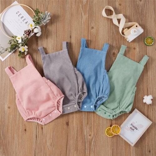 2021 0-12M Newborn Baby Girl Boy Playsuit Summer Solid Color Square Collar Sleeveless Backless Romper One Piece Cotton Clothes
