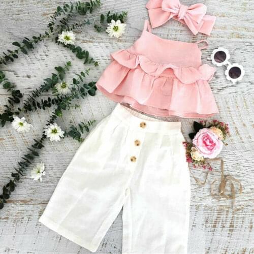 Pudcoco 2020 Summer 3PCS Toddler Kid Baby Girl Ruffle Sling Tops Long Pants Outfit Clothes