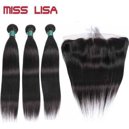MISS LISA Straight Bundles With 13*4 Lace Frontal Non-Remy Brazilian Human Hair Weave Bundles With Frontal Hair Extension