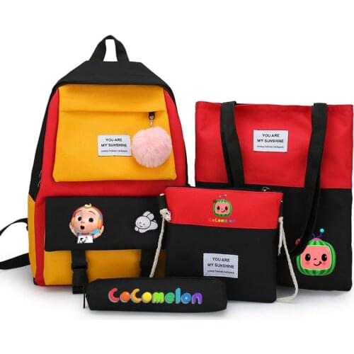 4pcs/set 2021 New CoCoMelon JJ School Bag Simple Cartoon Printing Pencil Case Shoulder Bag School Bag Set Student Stationery