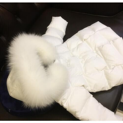 New girls long white down jacket childrens baby winter clothes natural fox fur collar