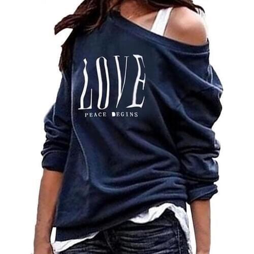 Women Loose Casual Long Sleeve Lady Pullover Tops Women Sexy One Off Shoulder Sweatshirt Love Letter Print Long Sleeve Pullover