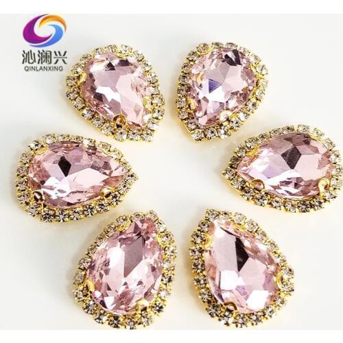 Pink Golden bottom Top grade Glass Crystal buckle,Drop shape sew on rhinestones,Diy wedding decoration 10pcs/pack SWSK10