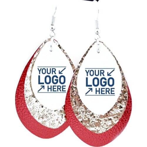 Nickel-Free Diy Your logo Earrings Layers Glitter Faux Leather Teardrop Earrings Bulk Order Wholesale
