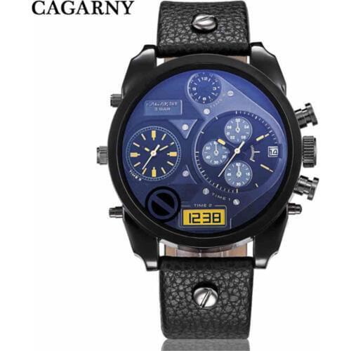 CAGARNY Military Watches Men Leather Watchband For Boys Sports Watches Two Times Zone Hot Sale Electronics Male Hand Wristwatch