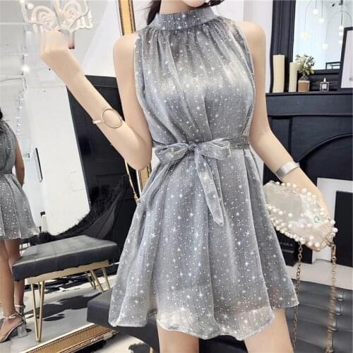 Zoulv High Quality Solid Color Women Halter A-Line Sequins Star Tie Lace-Up Chiffon Mid-length Loose Waist Sleek Dress Dresses