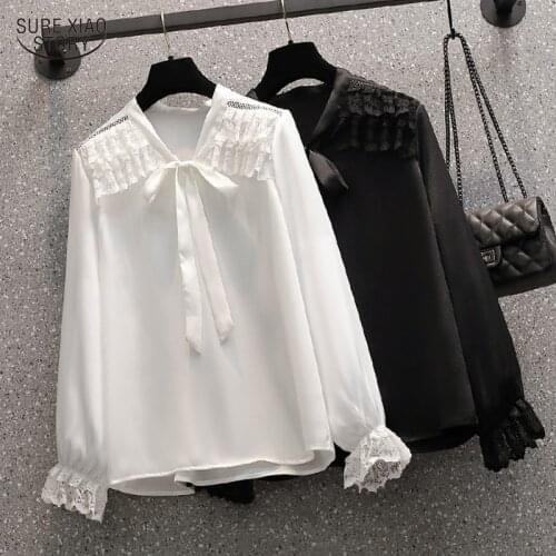 Long-sleeved Bow-knot Blouse Woman Autumn Fashion Temperament Lace Stitching Blouses Female Large Size Elegant Woman Shirt 16665
