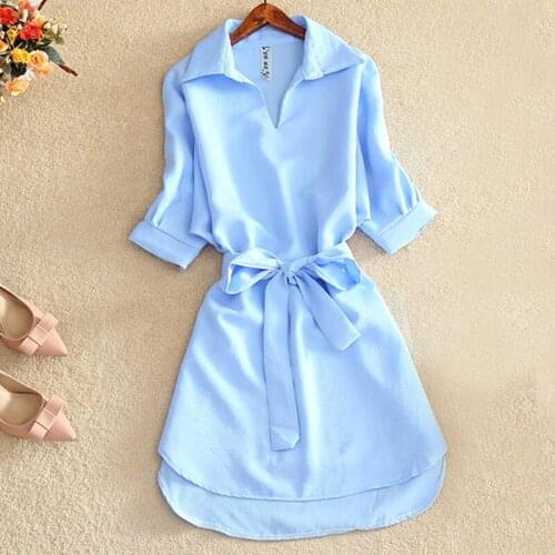 2020 Women Shirts Summer Casual Dress Fashion Office Lady Solid Chiffon Dresses For Sashes Sexy Fashion Skirt Vestidos Femme