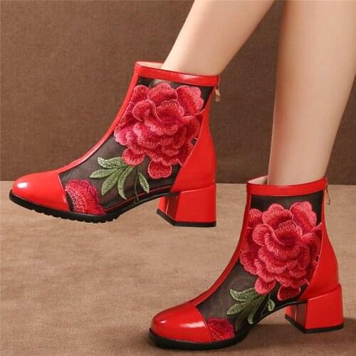 Women Cow Leather Rough Heels Wedding Party Pumps Breathable Lace Embroider Flowers Ankle Boots Casual Summer Mary Jane shoes