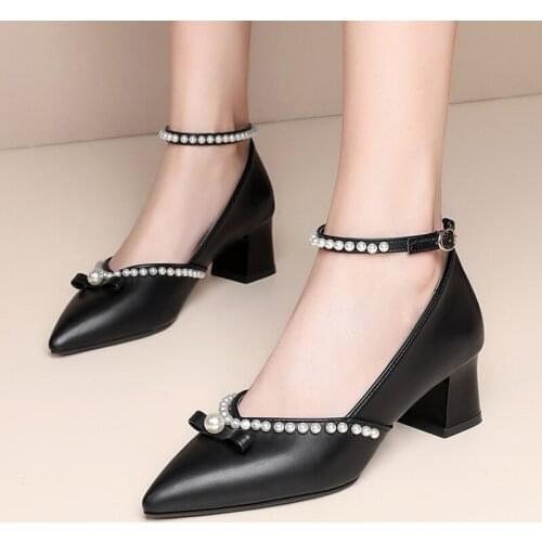 French high heels womens spring and autumn 2021 new style Korean fashion square head pearl girl single shoes