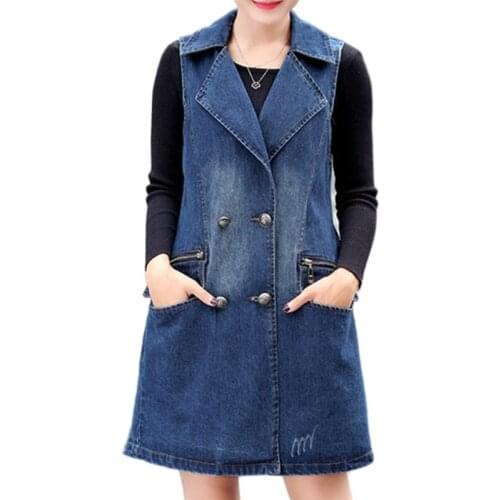 Plus Size Womens Long Jean Vest Waistcoat Casual Slim Double-Breasted Sleeveless Outerwear Coats Female