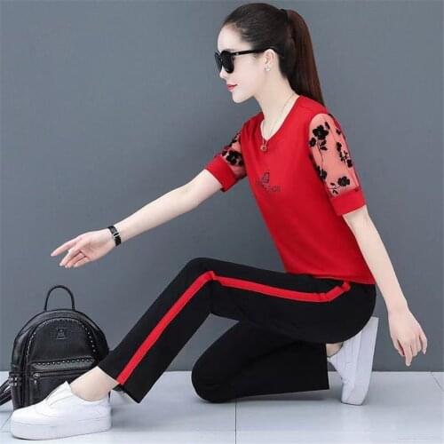 New Summer casual Set Women Two Piece Suits Short Sleeve Patchwork Yellow T-shirt Black Pants Run Sportwear Tracksuit