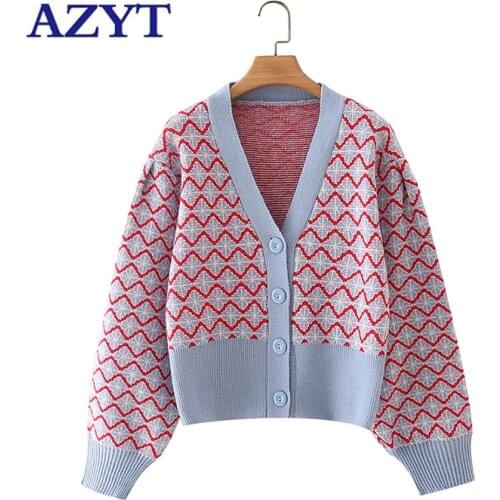 AZYT Autumn V Neck Knitted Cardigan Female Vintage Chic Print Women Sweater Jacket 2021 Single-breasted Pull Femme Knitwear Tops