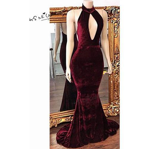 Sexy Women Burgundy Velvet Long Dresses Evening Gowns Formal Mermaid Prom Dress Backless Halter Vestido Festa Longo 2018 Noche