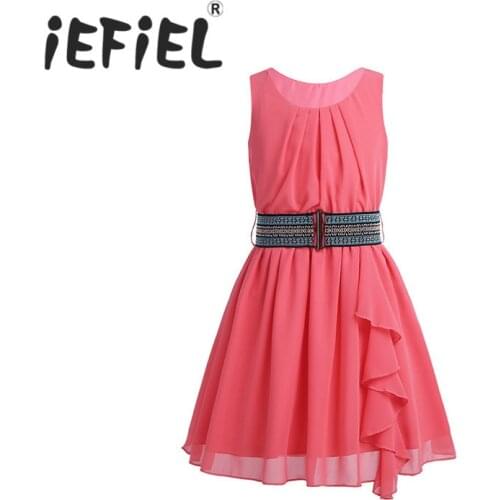 IEFiEL Kids Girls Children Summer Dress Chiffon Pleated Ruffled Party Birthday Dress with Belt for Summer Casual Daily Clothes