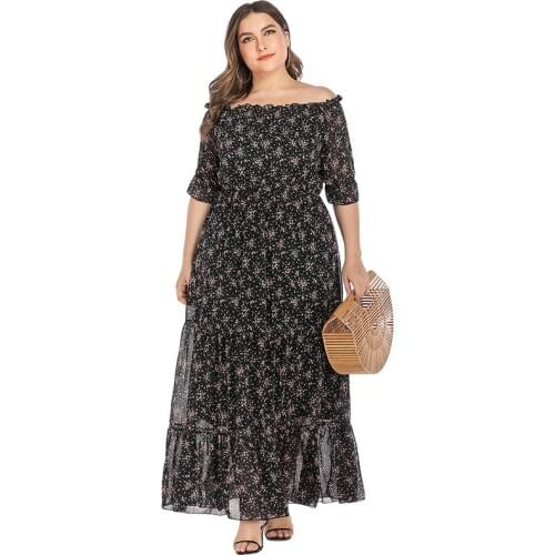 DOIB Floral Dress Women Plus Size Slash Neck Half Sleeve Ruffle Patchwork Bohemia Large Size Dress Maxi Vintage Dress 5XL