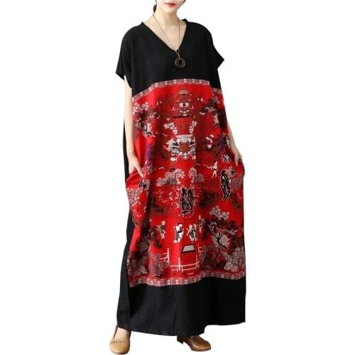 2021 New Summer Dress China Style Loose Cotton Linen Art Splicing Long Dresses Vintage Woman Dress Vestidos Robe Pullover