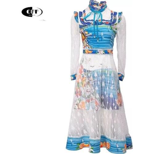 Designer Runway Vintage Midi Long Dress Women Lace Long Sleeve Retro Printed Bow Summer Fashion Holiday Elegant Traf Dresses Y2K